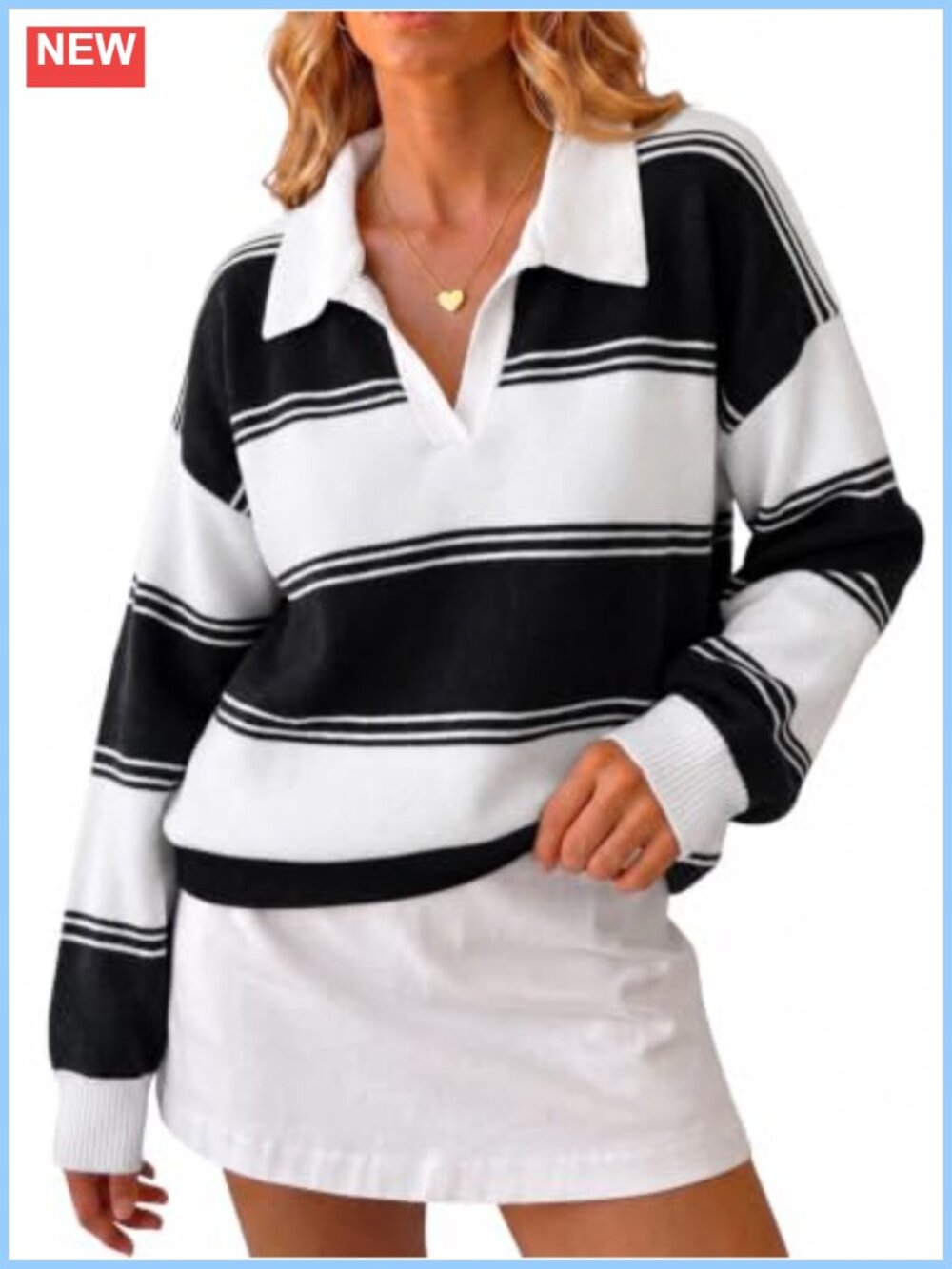 Striped Sweater Polo V Neck Long Sleeve Pullover Knit Top